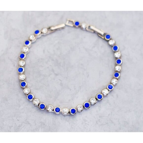 8 Inch, Colorful Rhinestone Silver and Blue Art Deco Bracelet by Avon - CS1 - Picture 1 of 3